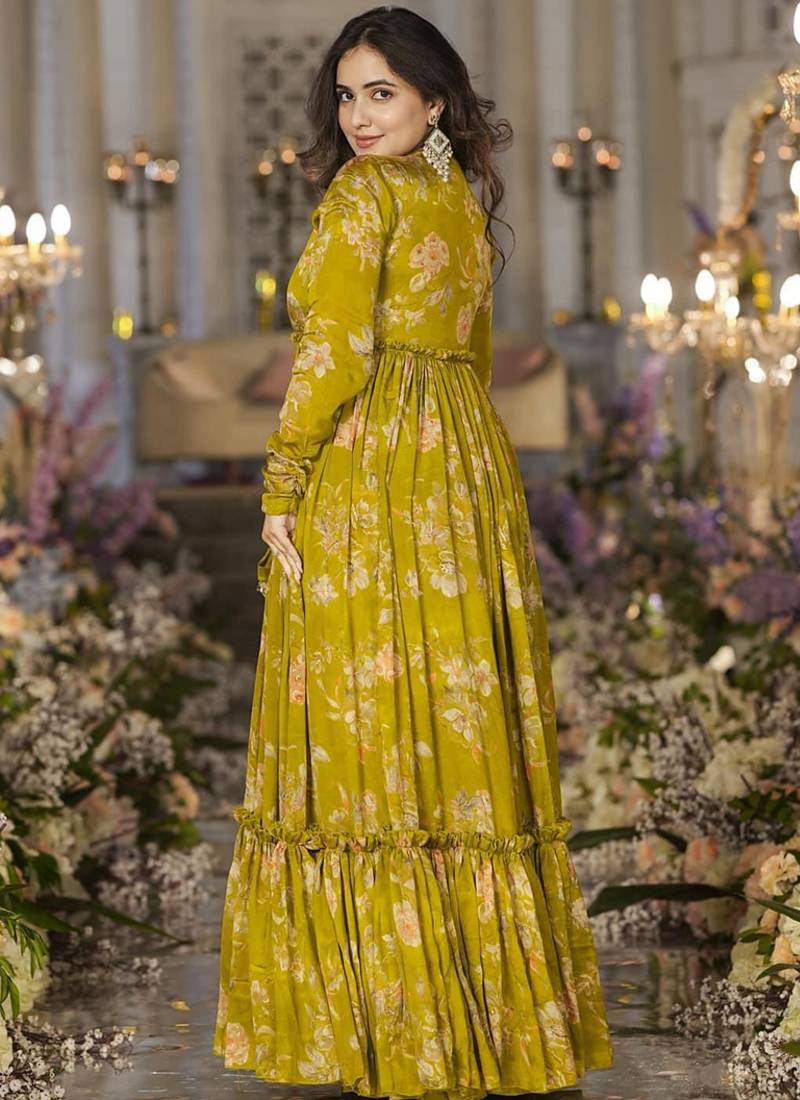 Smith green chinon silk digital print plazzo with strug indowestern suit