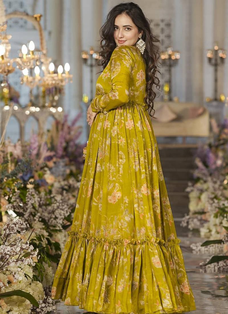 Smith green chinon silk digital print plazzo with strug indowestern suit