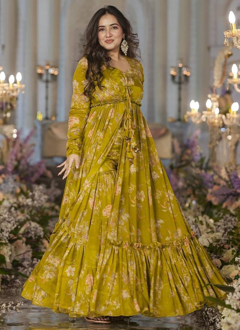 Smith green chinon silk digital print plazzo with strug indowestern suit