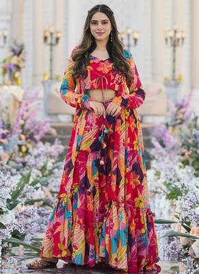 Multicolor chinon silk digital print plazzo with strug indowestern suit 1