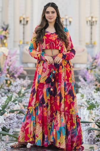 Multicolor chinon silk digital print plazzo with strug indowestern suit