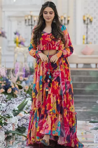 Multicolor chinon silk digital print plazzo with strug indowestern suit