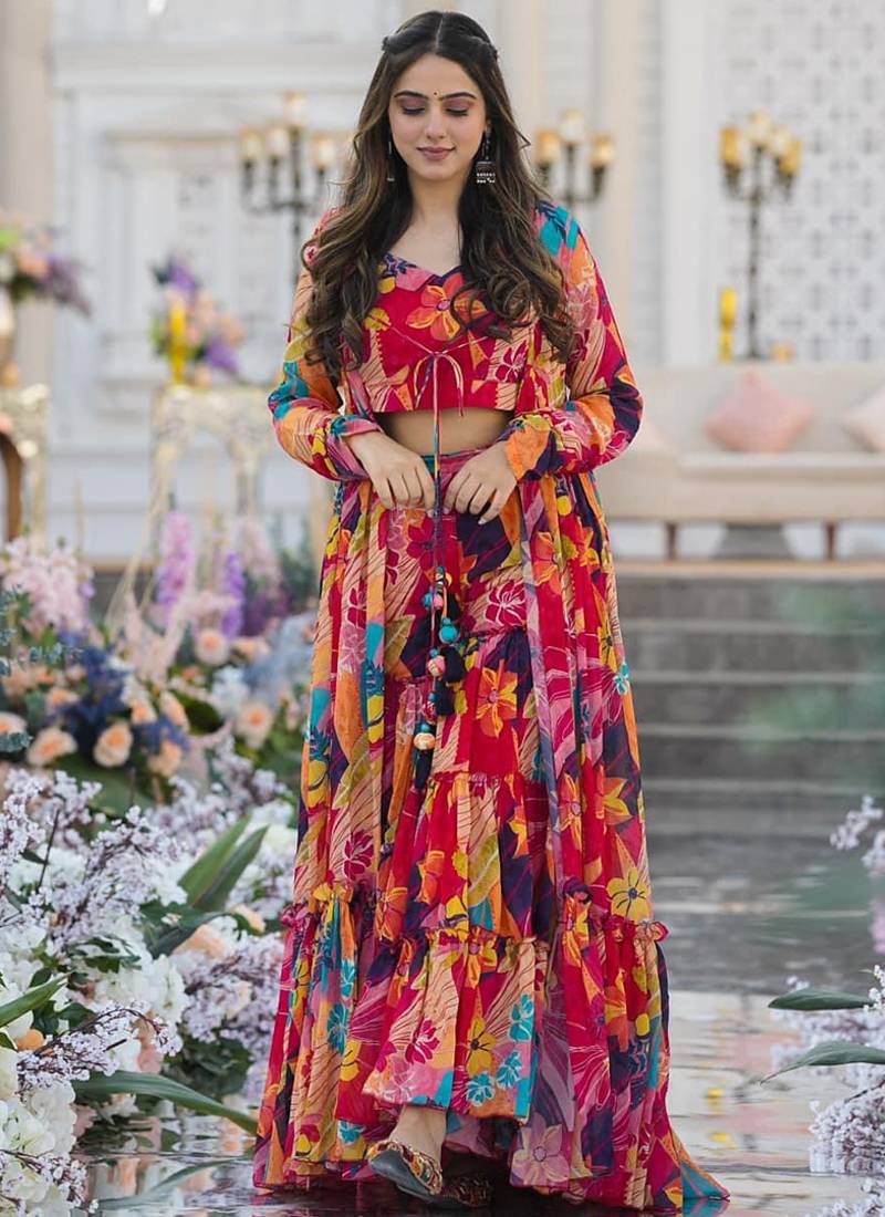 Multicolor chinon silk digital print plazzo with strug indowestern suit