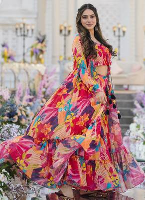 Multicolor chinon silk digital print plazzo with strug indowestern suit 3