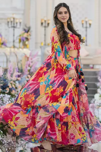 Multicolor chinon silk digital print plazzo with strug indowestern suit