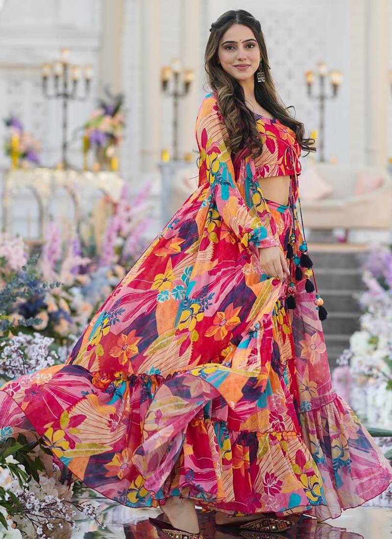 Multicolor chinon silk digital print plazzo with strug indowestern suit