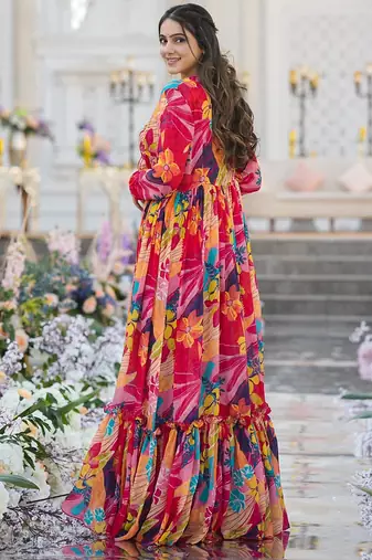 Multicolor chinon silk digital print plazzo with strug indowestern suit