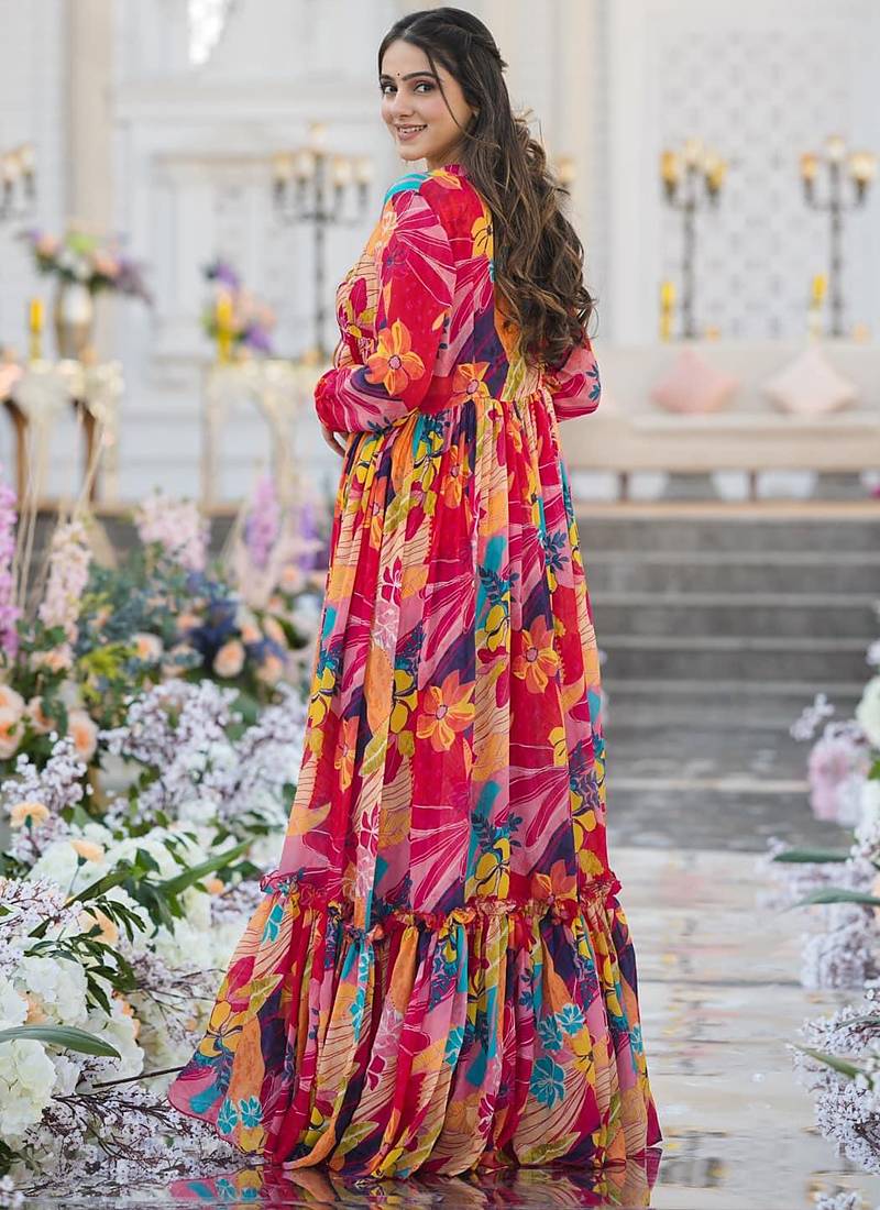 Multicolor chinon silk digital print plazzo with strug indowestern suit