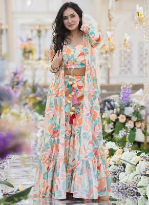 Off white chinon silk digital print plazzo with strug indowestern suit 1