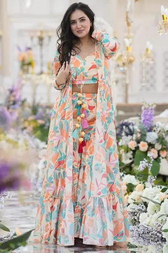 Off white chinon silk digital print plazzo with strug indowestern suit