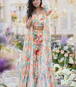 Off white chinon silk digital print plazzo with strug indowestern suit