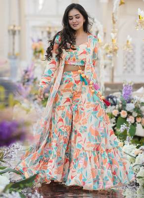 Off white chinon silk digital print plazzo with strug indowestern suit 2