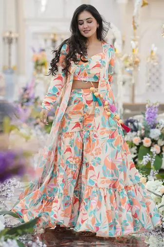Off white chinon silk digital print plazzo with strug indowestern suit