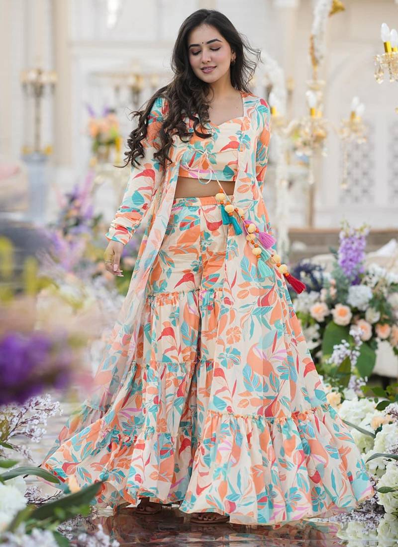 Off white chinon silk digital print plazzo with strug indowestern suit