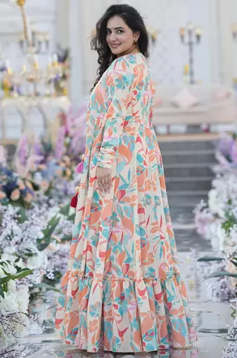 Off white chinon silk digital print plazzo with strug indowestern suit