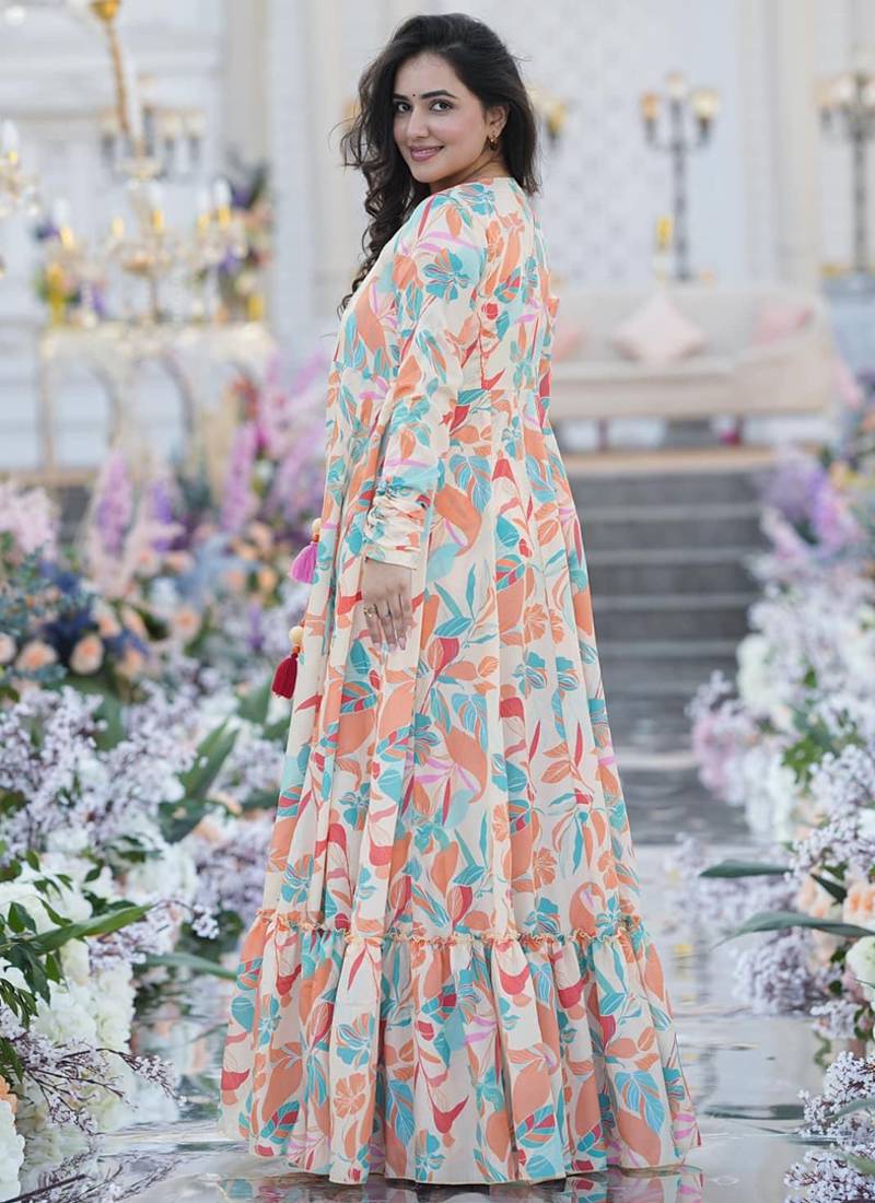 Off white chinon silk digital print plazzo with strug indowestern suit