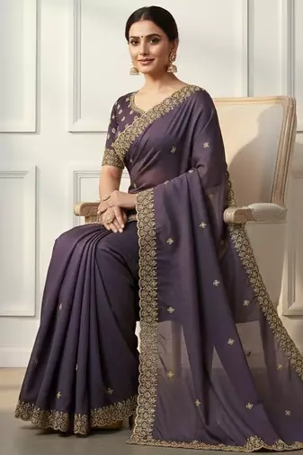 purple georgette saree with sequins embroidery
