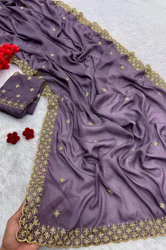 purple georgette saree with sequins embroidery