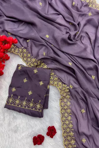 purple georgette saree with sequins embroidery