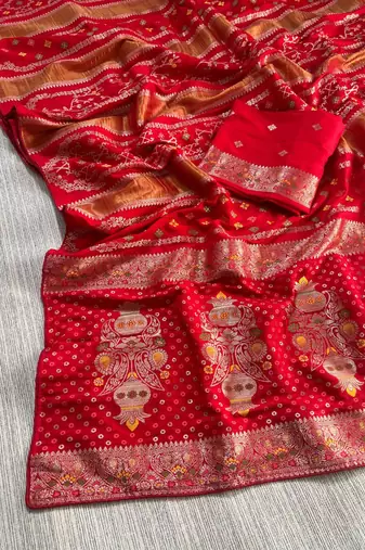 Red Color Purely Hand Daying Chinya Tisu Viscose Khaddi Crepe Georgette Saree