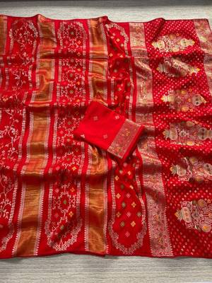 Red Color Purely Hand Daying Chinya Tisu Viscose Khaddi Crepe Georgette Saree 3