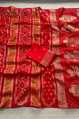 Red Color Purely Hand Daying Chinya Tisu Viscose Khaddi Crepe Georgette Saree