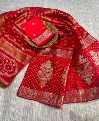 Red Color Purely Hand Daying Chinya Tisu Viscose Khaddi Crepe Georgette Saree 4