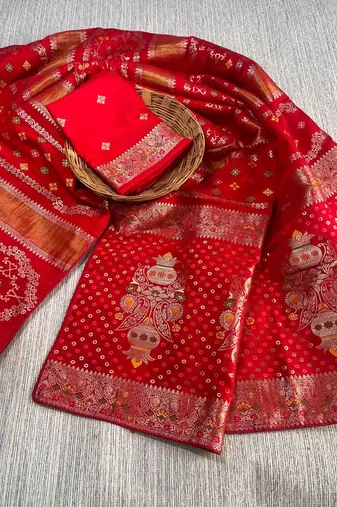 Red Color Purely Hand Daying Chinya Tisu Viscose Khaddi Crepe Georgette Saree