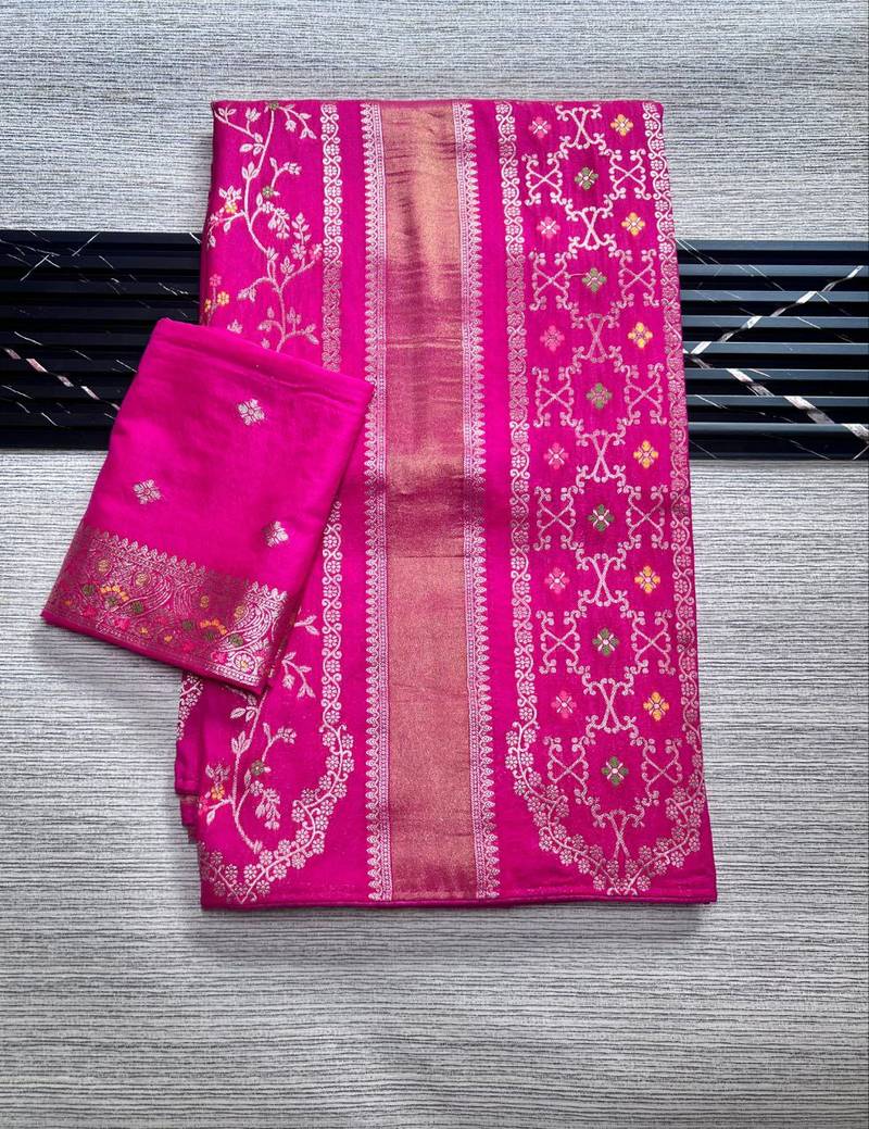 Rani Pink Color Purely Hand Daying Chinya Tisu Viscose Khaddi Crepe Georgette Saree