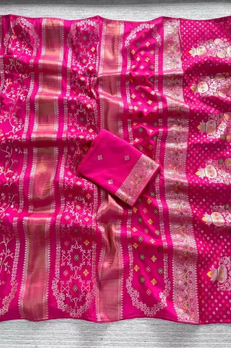 Rani Pink Color Purely Hand Daying Chinya Tisu Viscose Khaddi Crepe Georgette Saree