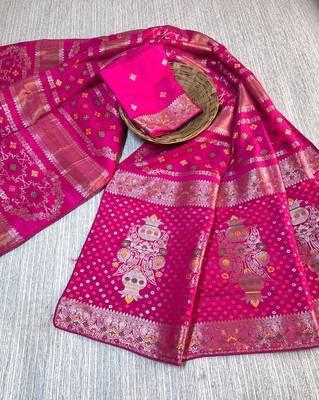 Rani Pink Color Purely Hand Daying Chinya Tisu Viscose Khaddi Crepe Georgette Saree 3