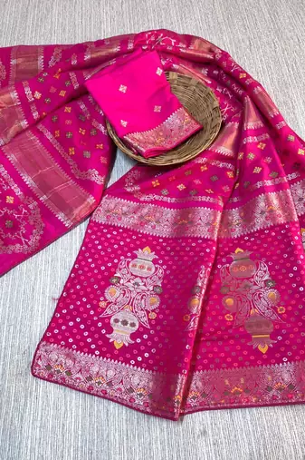 Rani Pink Color Purely Hand Daying Chinya Tisu Viscose Khaddi Crepe Georgette Saree