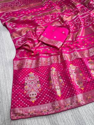Rani Pink Color Purely Hand Daying Chinya Tisu Viscose Khaddi Crepe Georgette Saree 4