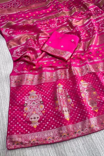 Rani Pink Color Purely Hand Daying Chinya Tisu Viscose Khaddi Crepe Georgette Saree