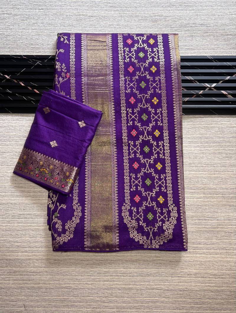 Purple Color Purely Hand Daying Chinya Tisu Viscose Khaddi Crepe Georgette Saree