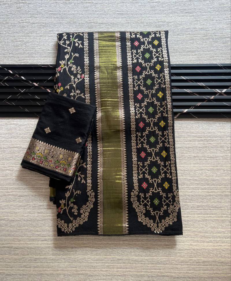 Black Color Purely Hand Daying Chinya Tisu Viscose Khaddi Crepe Georgette Saree