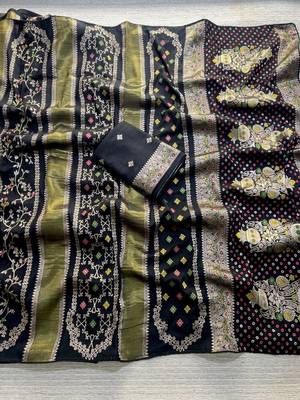 Black Color Purely Hand Daying Chinya Tisu Viscose Khaddi Crepe Georgette Saree 2