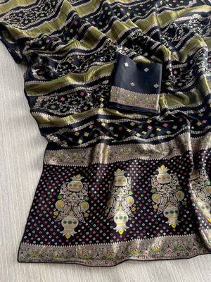 Black Color Purely Hand Daying Chinya Tisu Viscose Khaddi Crepe Georgette Saree 3