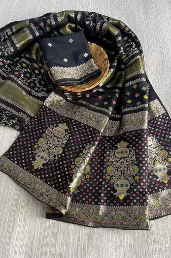 Black Color Purely Hand Daying Chinya Tisu Viscose Khaddi Crepe Georgette Saree