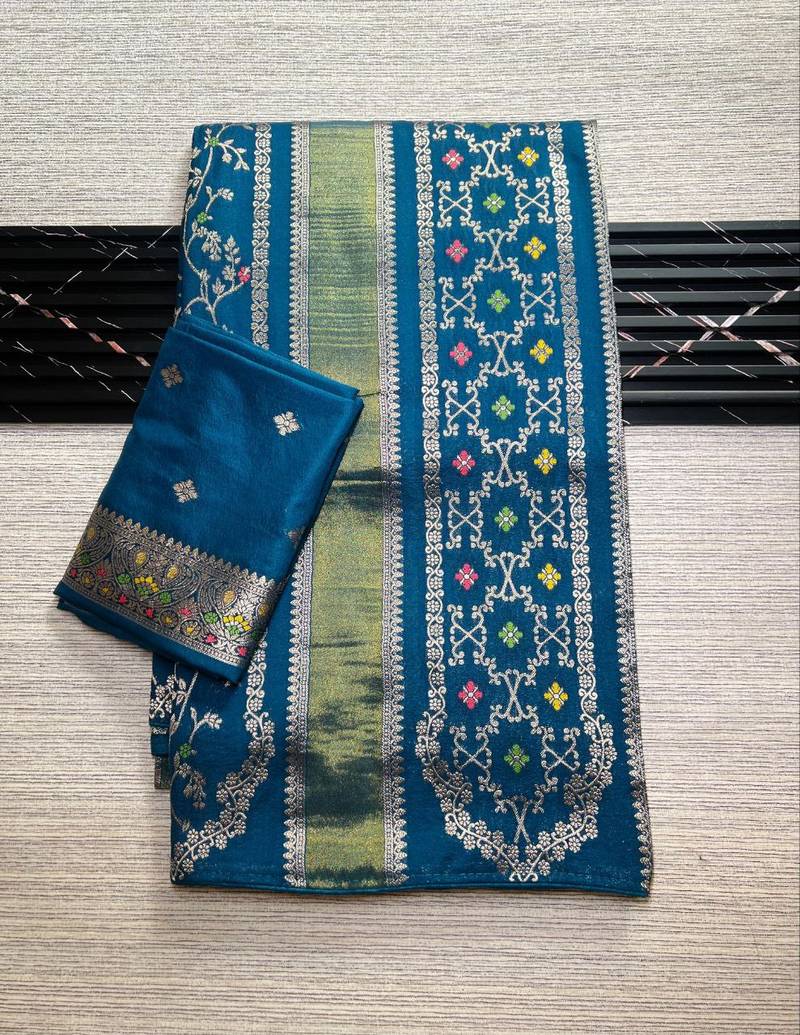 Blue Color Purely Hand Daying Chinya Tisu Viscose Khaddi Crepe Georgette Saree