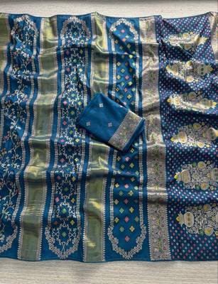 Blue Color Purely Hand Daying Chinya Tisu Viscose Khaddi Crepe Georgette Saree 2
