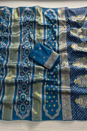 Blue Color Purely Hand Daying Chinya Tisu Viscose Khaddi Crepe Georgette Saree