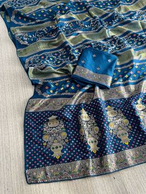Blue Color Purely Hand Daying Chinya Tisu Viscose Khaddi Crepe Georgette Saree 3
