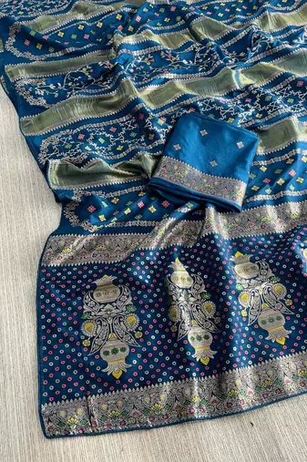 Blue Color Purely Hand Daying Chinya Tisu Viscose Khaddi Crepe Georgette Saree