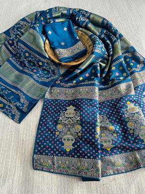 Blue Color Purely Hand Daying Chinya Tisu Viscose Khaddi Crepe Georgette Saree 4
