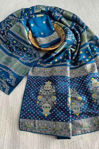 Blue Color Purely Hand Daying Chinya Tisu Viscose Khaddi Crepe Georgette Saree