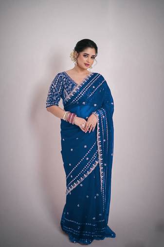 New Soft Space Silk Embroidery Work Women's Saree With Blouse Set 