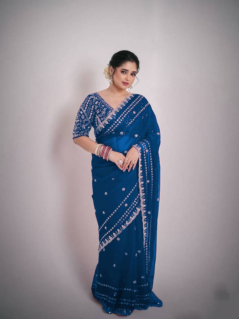 New Soft Space Silk Embroidery Work Women's Saree With Blouse Set 