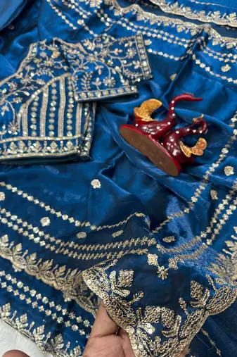blue silk saree with sequins zari work