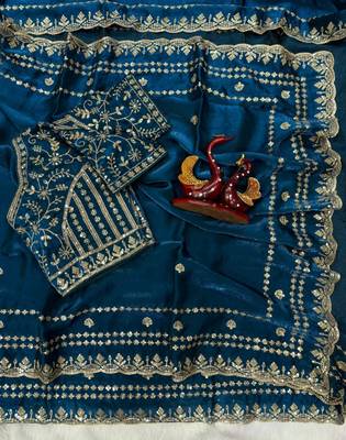 blue silk saree with sequins zari work 4